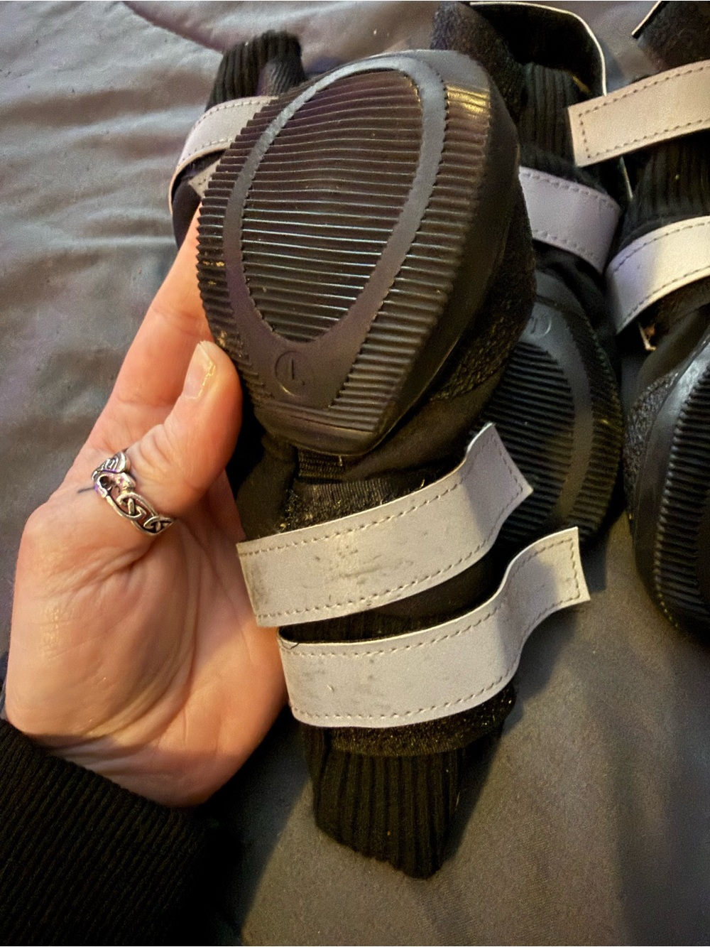 Black Sock-Style Dog Boots with Reflective Gray Straps